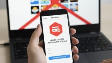 Henkilö pitelee älypuhelinta, jonka näytöllä on Brite-esto-sovellus ja teksti ”MAKSU ESTETTY RAHAPELISIVUSTOILLE”. Taustalla näkyy kannettava tietokone, jonka näytöllä olevien rahapelisivustojen päällä on suuri punainen rasti. Pöydällä puhelimen vieressä on pankkikortti, symboloiden maksuliikenteen rajoittamista.