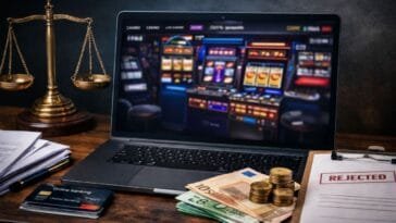 Kasino ei maksa voittoja – rahapelisivusto, hylätty maksu ja oikeusturvaa symboloiva vaaka