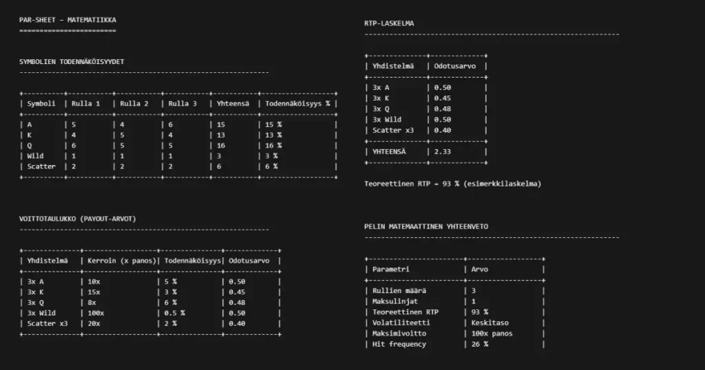 PAR sheet kolikkopelissä: symbolien todennäköisyydet, voittotaulukko ja RTP-laskenta esitettynä taulukkomuodossa