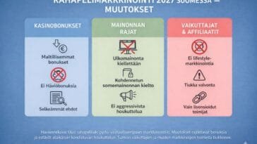 Infograafi rahapelimarkkinoinnin muutoksista Suomessa vuonna 2027. Kuvassa esitellään uuden rahapelilain vaikutukset kasinobonuksiin, mainonnan rajoituksiin sekä vaikuttaja- ja affiliate-markkinointiin. Keskeisiä muutoksia ovat maltillisemmat kasinobonukset, häviöbonusten kielto, kohdennetun somemainonnan rajoitukset, ulkomainonnan kielto sekä vaikuttajamarkkinoinnin tiukentuminen lisenssijärjestelmässä.