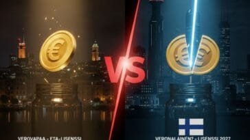 Vertailukuva rahapelivoittojen verotuksesta Suomessa. Vasemmalla puolella ehjä kultainen eurokolikko ja teksti "Verovapaa - ETA-lisenssi". Oikealla puolella halkeileva kolikko ja Suomen lippu kysymysmerkillä sekä teksti "Veronalainen? - Lisenssi 2027". Taustalla hämärä kaupunkimaisema.