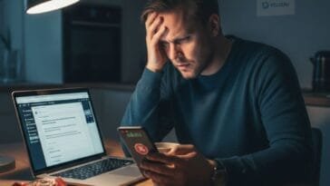 Mies istuu pöydän ääressä mietteliäänä älypuhelin kädessään ja tietokone auki, aiheena Rapid Transfer esto nettikasinoille. Taustalla näkyvät BetBlocker- ja Peluuri-logot.