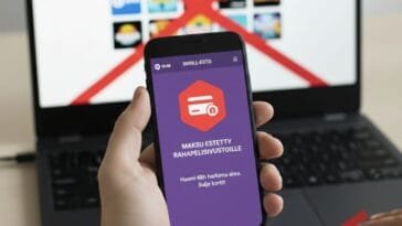 Puhelimen näytöllä Skrill-esto aktivoituna – ilmoitus “Maksu estetty rahapelisivustoille” ja maininta 48 tunnin harkinta-ajasta, taustalla tietokone ja estettyjä kasinosivustoja kuvaava symboli.