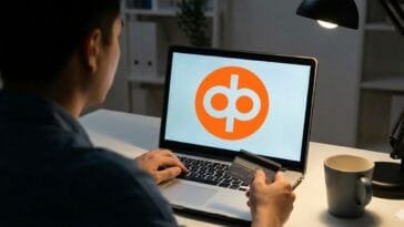 Mies istumassa tietokoneella ja asettamassa uhkapeli estoa osuuspankkiin.