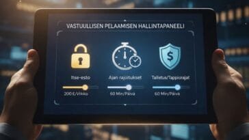 Tabletilla näkyvä vastuullisen pelaamisen hallintapaneeli, jossa on itse-esto, ajan rajoitukset sekä talletus- ja tappiorajat, taustalla hämärä toimistoympäristö.