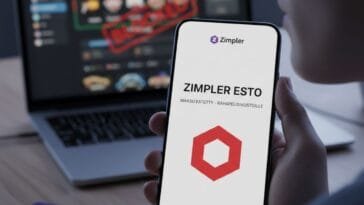 Älypuhelimen näytöllä teksti ”Zimpler esto – maksu estetty rahapelisivustoille” ja punainen estokuvake, taustalla sumeana kannettava tietokone, jossa näkyy kasinosivusto ja punainen estoleima.