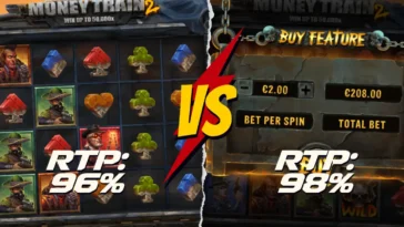 Vertailukuva Money Train 2 -pelistä: peruspeli 96 % RTP vs. bonusosto-ominaisuus 98 % RTP.