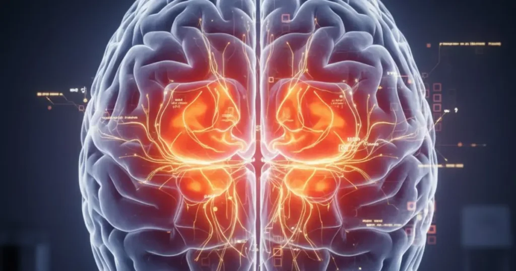 Aivokuva, jossa näkyy aktivoituneita alueita (dopamiinikeskus) near-miss -tilanteen aikana.