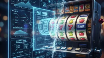 Havainnekuva kolikkopelin matemaattisesta rakenteesta, joka selittää PAR-sheetin, virtuaalirullat ja RTP-laskennan.