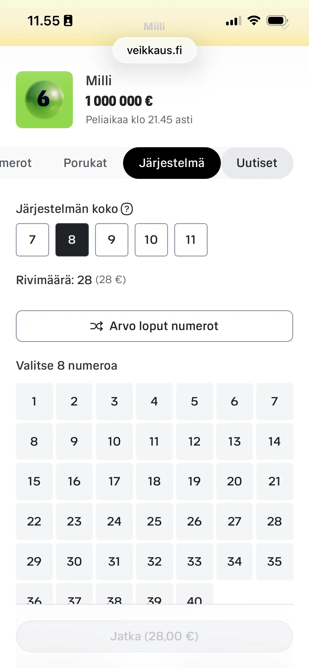 Milli järjestelmäpeli mobiilissa