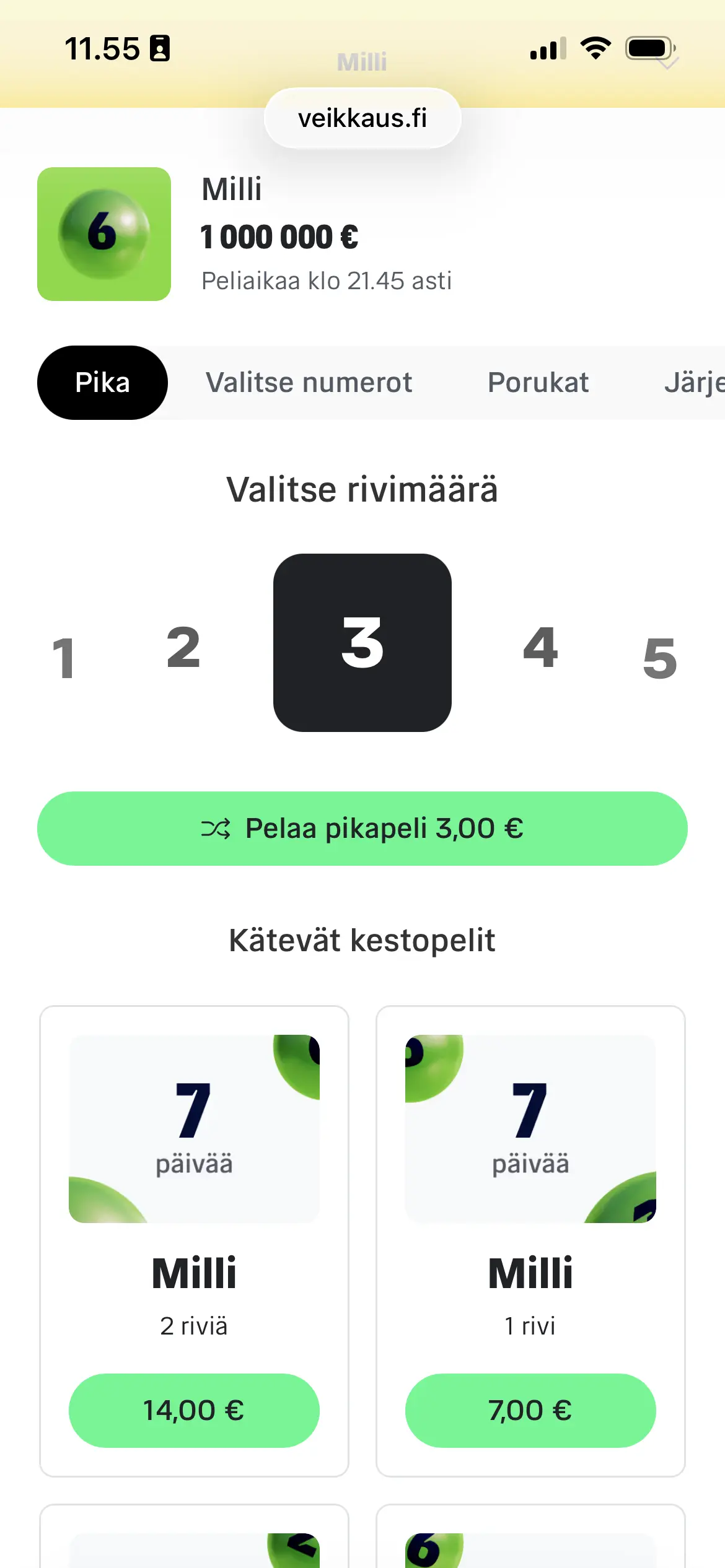 Milli pikapeli mobiilisovelluksessa