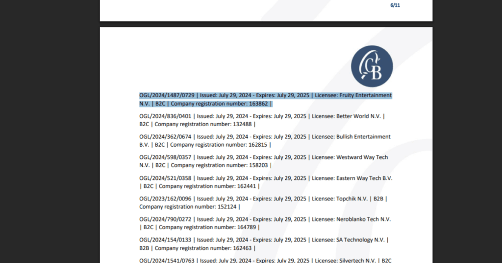 Curaçao Gaming Control Boardin lisenssirekisteri, jossa näkyy Fruity Entertainment N.V.:n lisenssinumero OGL/2024/1487/0729 sekä lisenssin voimassaolopäivä 29.7.2025.