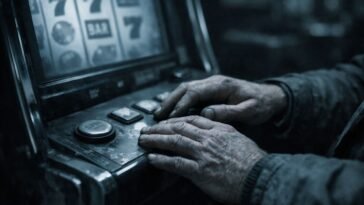 Peliautomaattia pelaava henkilö lähikuvassa – kuva havainnollistaa rahapelien koukuttavaa luonnetta ja riippuvuuden mekanismeja