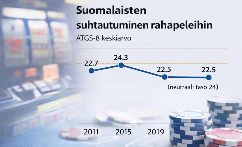 Grafiikka suomalaisten suhtautumisesta rahapeleihin vuosina 2011–2023 (ATGS-8 keskiarvo)