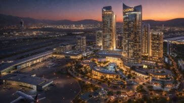 Futuristinen visio Vantaan Aviapoliksen alueelle suunnitellusta kasino- ja viihdekeskittymästä Helsinki-Vantaan lentokentän vieressä