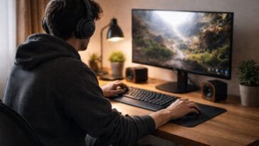 Henkilö pelaa tietokoneella kotona – kuva kuvastaa rahapelaamisen valvontaa ja viranomaisen pääsyä pelitietoihin