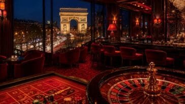Partouche Casino Clubin luksusinteriööri Pariisissa — ikkunoista avautuu näkymä Riemukaarelle yöllä valaistuna