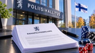 Tekoälyn tuottama kuvitus: rahapelitoimilupa-asiakirjapino ja pelimerkkejä pöydällä virastorakennuksen edessä. Poliisihallitus on myöntänyt 12 rahapelitoimilupaa Suomen avautuvalle markkinalle.